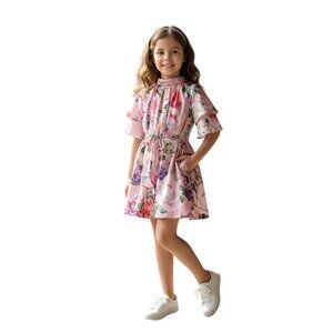 Peppermint Girls A-Line Floral Print Dress - Pink Summer Casual - Peach